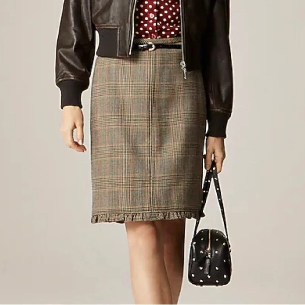 J crew Ruffle-trim pencil midi skirt in glen plaid wool